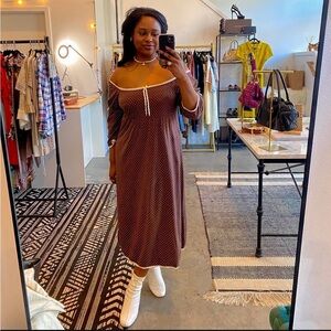 Elegant Brown Off-Shoulder Polka Dot Dress